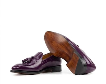 Purple Tassel Loafers, Handmade Men's Leather Dress Shoes, Formal Wedding Shoes, Luxury Custom Loafers