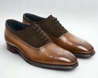 Handmade Two-Tone Oxford Shoes: Brown Leather & Suede Brogues
