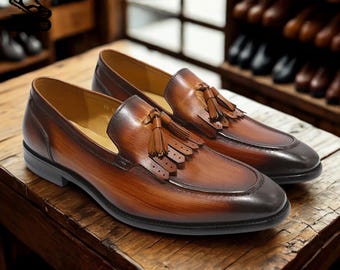 Handmade Brown Leather Tassel Loafers: Classic Slip-On Dress Shoes