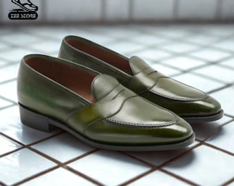 Handmade Olive Green Leather Penny Loafers – Men's Formal Slip-Ons