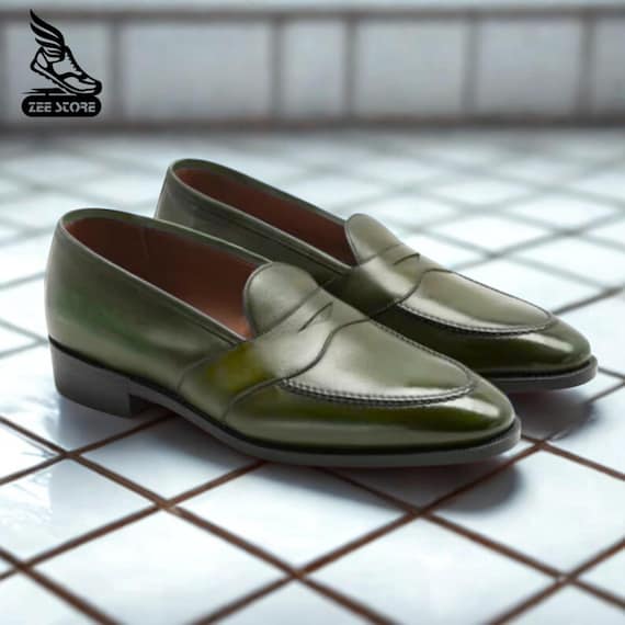 Handmade Olive Green Leather Penny Loafers – Men display picture 1