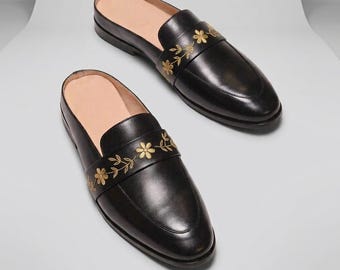 Black Leather Mules, Embroidered Loafers, Gold Floral Slip On Shoes, Handmade Dress Shoes