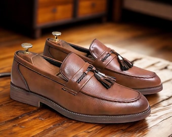 Handmade Brown Leather Loafers for Men – Classic Tassel Slip-On Dress Shoes By ZeeStore313