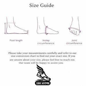 May include: A size guide illustration with text. The guide shows how to measure foot length, instep circumference, and joint circumference. The text advises taking measurements carefully and consulting a size chart. The Zee Store logo is at the bottom.