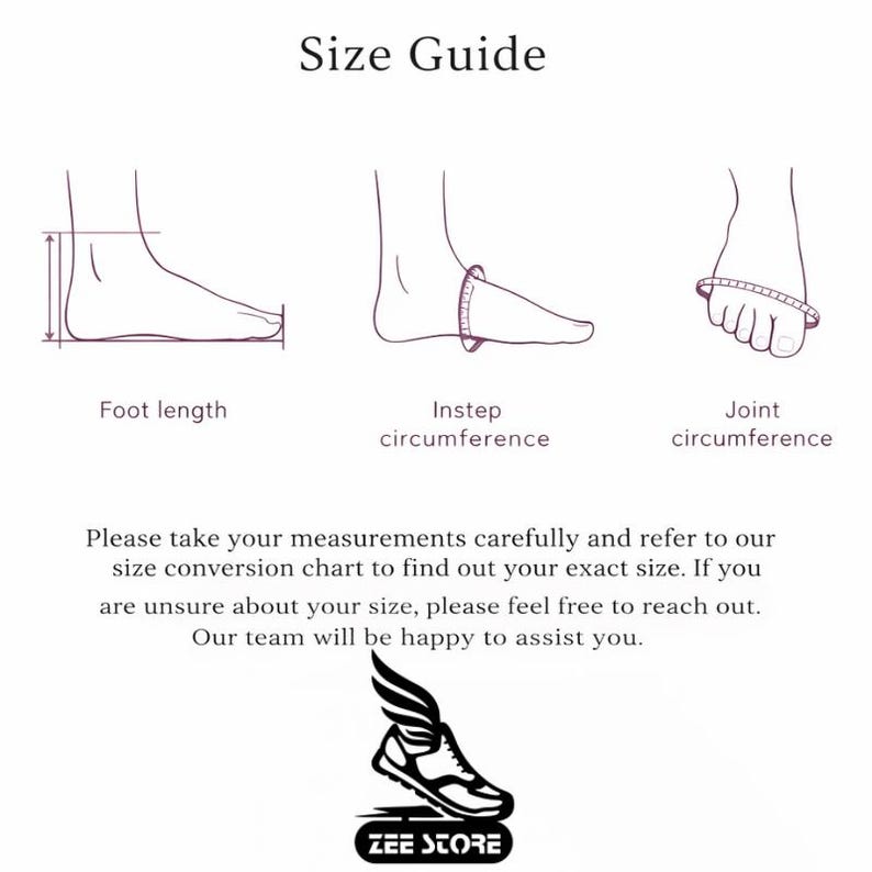 May include: A size guide illustration with text. The guide shows how to measure foot length, instep circumference, and joint circumference. The text advises taking measurements carefully and consulting a size chart. The Zee Store logo is at the bottom.