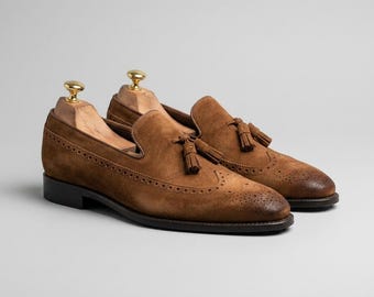 Brown Suede Leather Tassel Loafers for Men, Vintage Wingtip Dress Shoes, Classic Brogue Slip On Shoes, Formal Wedding Shoes, Business Shoes