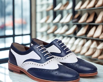 Handmade Navy & White Leather Oxford Brogues | Wingtip Spectator Shoes
