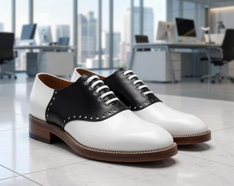 Zapatos Oxford de cuero bicolor hechos a mano con puntera de ala - Zeestore313