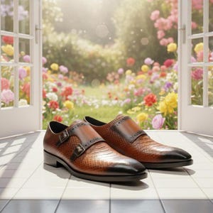 Elegant Men's Snake-Pattern Leather Dress Shoes with Buckle | Handmade Luxury Footwear