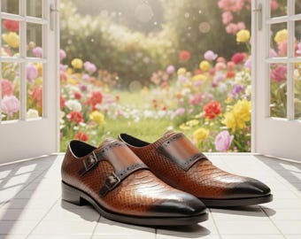 Elegant Men's Snake-Pattern Leather Dress Shoes with Buckle | Handmade Luxury Footwear