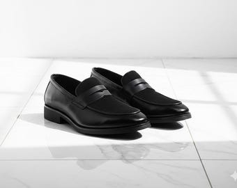 Handmade Two-Tone Leather Penny Loafers – Maroon & White Dress Shoes
