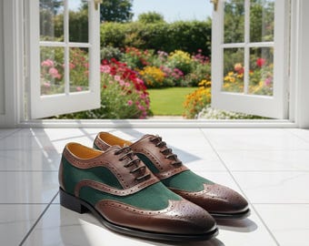 Handmade Green Suede & Brown Leather Oxford Shoes – Wingtip Brogues for Men