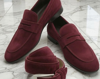 Handmade Burgundy Suede Penny Loafers Men, Matching Belt, Luxury Leather Dress Shoes