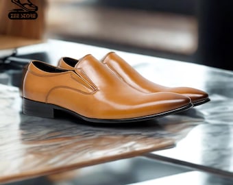 Handmade Tan Leather Slip-On Dress Shoes: Men's Classic Formal Footwear
