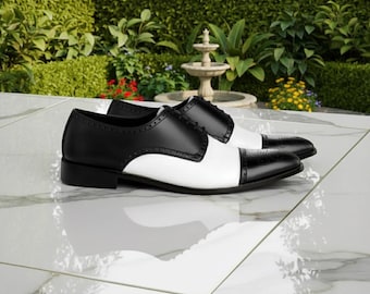 Handmade Leather Two-Tone Brogue Shoes: Wingtip Dress Shoes