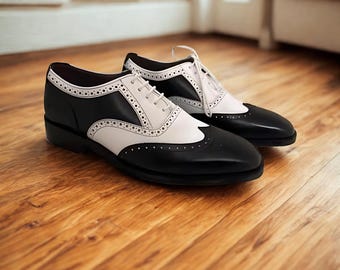 Handmade Two-Tone Leather Oxford Shoes: Wingtip Brogues