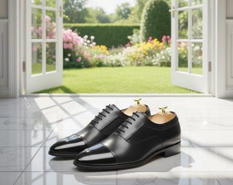 Zapatos Oxford de cuero negro hechos a mano: Zapatos formales de vestir con puntera reforzada