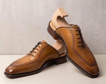 Tan Leather Oxford Shoes | Full-Grain Brogue Detailing, Elongated Square Toe