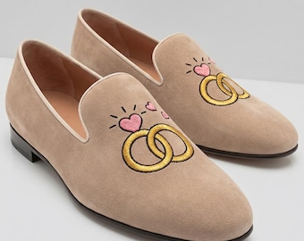 Handmade Embroidered Suede Loafers, Custom Wedding Ring Shoes, Personalized Groom Slippers, Custom Engraved Suede Shoes, Tuxedo Slip On