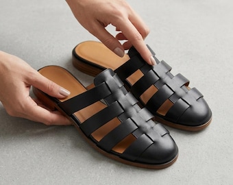 Men’s Black Leather Slides, Leather Sandals, Handmade Slip On Summer Shoes, Minimalist Sandals