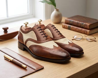 Brown and Cream Two Tone Oxford Shoes Men's Brogue Dress Shoes