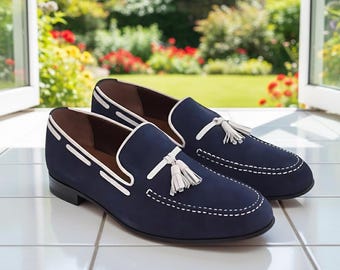 Mocasines de ante azul marino para hombre / Zapatos de cuero hechos a mano sin cordones / Zapatos de vestir clásicos e informales Zeestore313