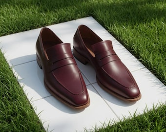 Ręcznie robione bordowe skórzane mokasyny Penny Loafers męskie, klasyczne wsuwane buty wizytowe