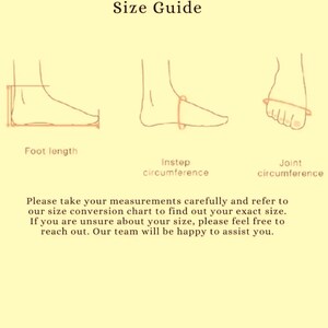 May include: A size guide illustration with text. The guide shows how to measure foot length, instep circumference, and joint circumference. The text advises taking measurements carefully and consulting a size chart.