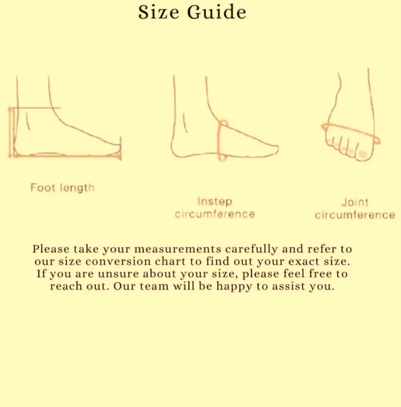 May include: A size guide illustration with text. The guide shows how to measure foot length, instep circumference, and joint circumference. The text advises taking measurements carefully and consulting a size chart.