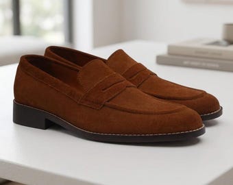Handmade Brown Suede Penny Loafers: Italian Style Men's Dress Shoes