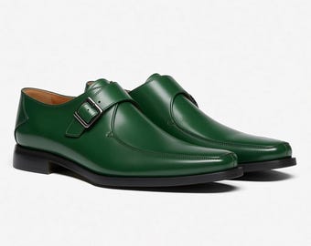 Green Leather Monk Strap Shoes for Men, Handmade Dress Shoes, Single Monk Formal Shoes, Luxury Leather Wedding Shoes, Custom Made