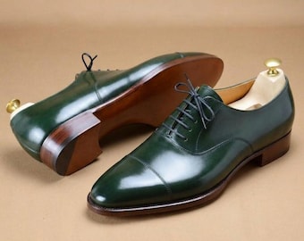 Green Leather Oxford Shoes, Handmade Men's Dress Shoes, Formal Wedding Shoes, Custom Business Footwear