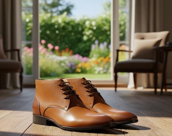 Handmade Tan Leather Ankle Boots for Men – Classic Dress Boots with Lace-Up Design Oxford