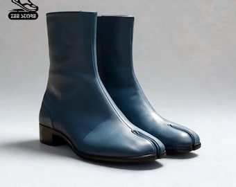 Handmade Blue Leather Tabi Boots – Japanese Split Toe Ankle Boots