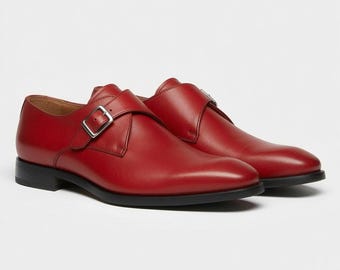 Handmade Red Leather Single Monk Strap Shoes, Men's Formal Wedding Dress Footwear
