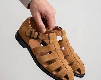 Tan Suede Fisherman Sandals, Men's Leather Sandals, Brown Summer Shoes, Strappy Sandals, Buckle Sandals, Casual Minimalist Footwear