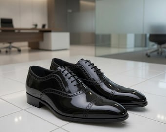 Zwarte lakleren Oxford-schoenen voor heren, handgemaakte geklede schoenen met neuskap, luxe formele trouwschoenen, glanzende leren Oxfords, op maat gemaakt