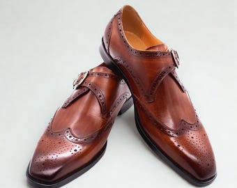 Men’s Brown Leather Monk Strap Shoes | Handmade Brogue Dress Shoes | Formal | Luxury Footwear