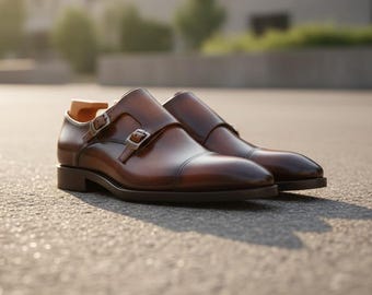 Handmade Brown Leather Double Monk Strap Shoes – Cap-Toe Formal Wear