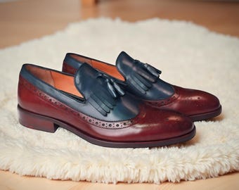 Handmade Two-Tone Leather Tassel Loafers: Men's Wingtip Brogues