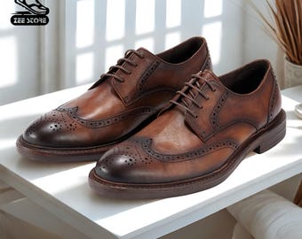 Handmade Brown Leather Oxford Brogue Shoes: Vintage Wingtip Dress Shoes