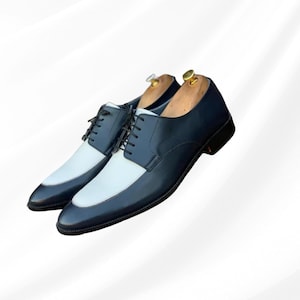 Handmade Two-Tone Leather Derby Shoes: White & Navy Blue