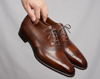 Handmade Brown Leather Oxford Brogue Shoes: Wingtip Dress Shoes