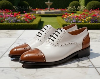 Two-Tone Brogue Oxford Dress Shoes: White & Brown Leather