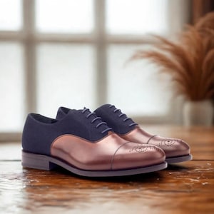 Handmade Two-Tone Oxford Brogues: Navy & Brown Leather Cap Toe Shoes