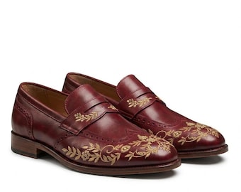 Handmade Burgundy Leather Loafers, Gold Embroidered Floral Dress Shoes, Wedding Shoes