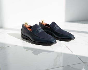 Handmade Navy & Black Leather Penny Loafers - Men's Luxury Dress Shoes