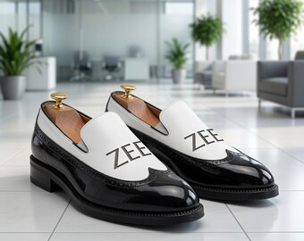Custom Laser Engraved Leather Loafers, Black White Formal Slip-On Dress Shoes