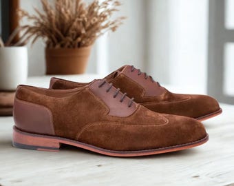 Handmade Brown Suede & Leather Oxford Shoes – Classic Formal Dress Shoes for Men By Zeestore313