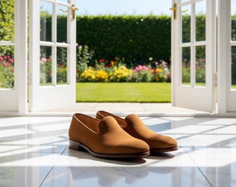 Handmade Tan Suede Loafers | Men's Slip-On Dress Shoes